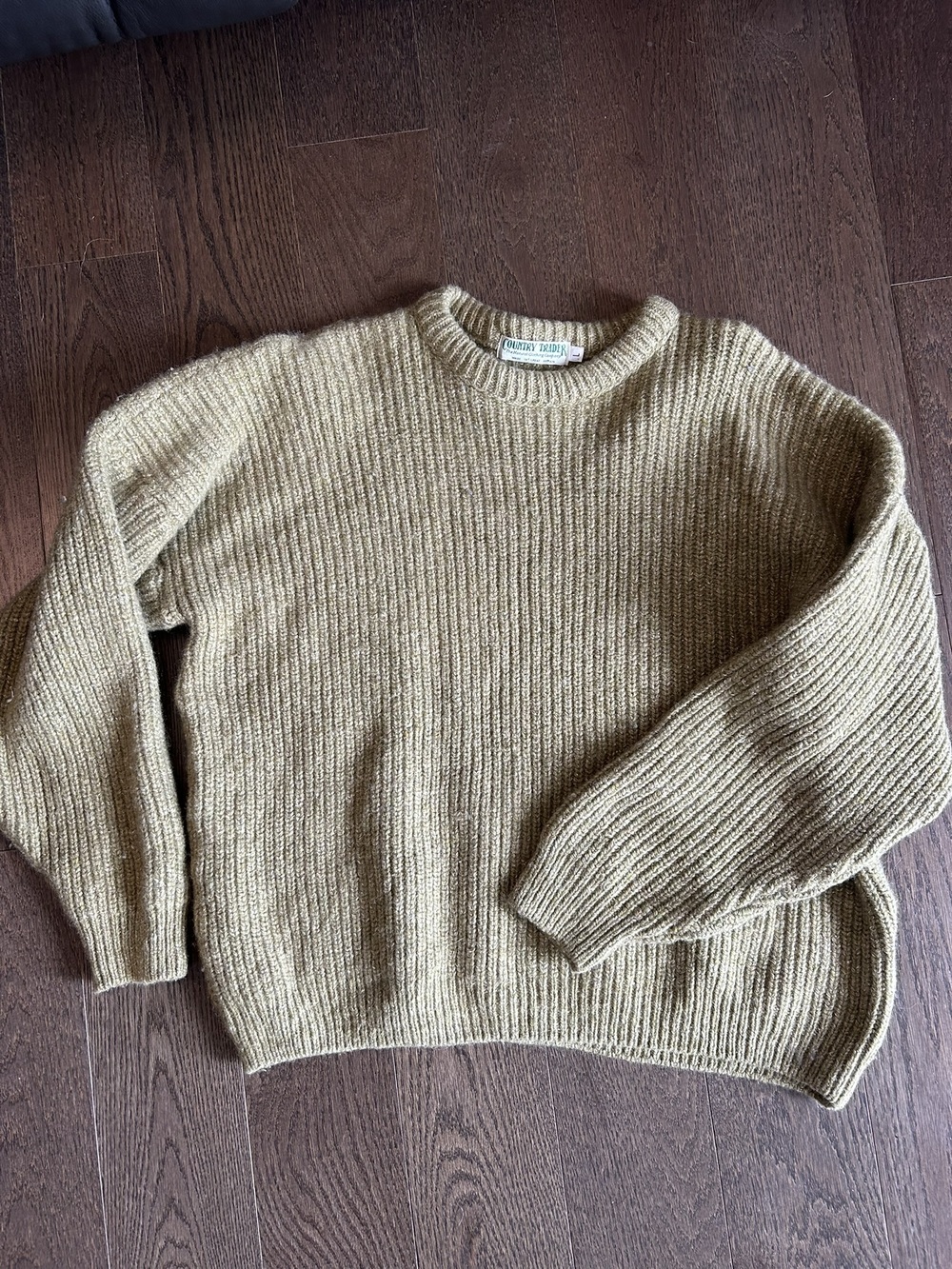 VTG Country Trader Wool Silk Rib Knit Chunky Crewneck Sweater Large Green UK